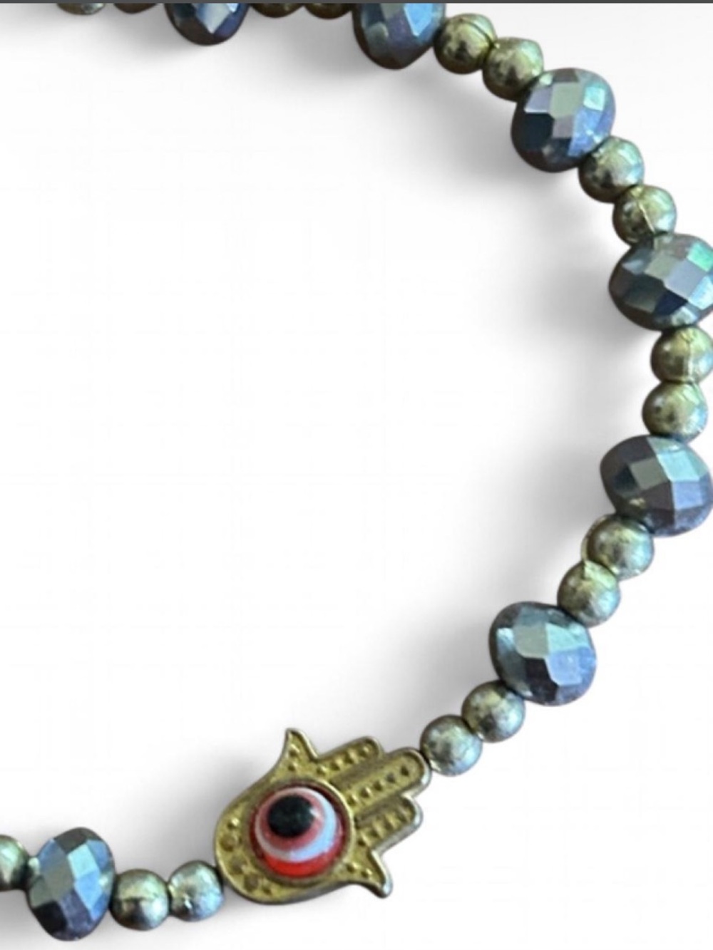 Hamsa Beaded Bracelet with Blue-Green Faceted Beads